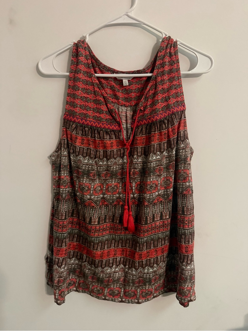 Lucky Brand Red Multi Boho Tassel Cold-Shoulder Tank